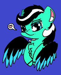 Size: 728x901 | Tagged: safe, artist:rainbowwing, imported from derpibooru, oc, oc only, oc:frostbite(zzy), pegasus, pony, black and white mane, blue background, ear fluff, hoof hold, looking at you, pegasus oc, simple background, smiling, solo, speech bubble, wings