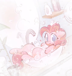 Size: 3803x4000 | Tagged: safe, artist:mirroredsea, imported from derpibooru, pinkie pie, earth pony, pony, bath, blushing, bubble, bubble bath, cute, diapinkes, female, looking at you, mare, no pupils, sink, soap, soap suds, solo