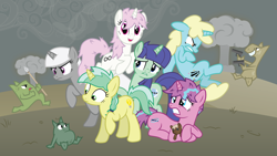 Size: 5334x3000 | Tagged: safe, artist:tolerance, imported from ponybooru, oc, oc only, oc:aversion, oc:ballyhoo, oc:light seeker, oc:lost cause, oc:tizzy spin, oc:tolly, pony, unicorn, fight, looking at you, worried