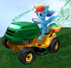 Size: 1950x1873 | Tagged: source needed, safe, artist:bananax, imported from derpibooru, rainbow dash, pegasus, driving, female, lawn mower, mare