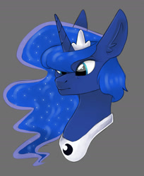 Size: 1318x1615 | Tagged: safe, artist:moonert, imported from derpibooru, princess luna, alicorn, pony, bust, ear fluff, ethereal mane, gray background, jewelry, peytral, simple background, solo, starry mane, tiara