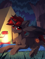 Size: 2000x2621 | Tagged: safe, artist:redchetgreen, imported from derpibooru, oc, oc only, oc:hardy, alicorn, alicorn oc, chest fluff, full body, horn, lantern, night, solo, tent, tree, wings