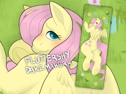 Size: 2048x1535 | Tagged: safe, artist:gooeygaster, imported from derpibooru, fluttershy, blushing, body pillow, body pillow design, flower, grass, looking back, lying down, lying in grass, pillow, pillowcase, solo