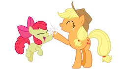 Size: 3278x1830 | Tagged: safe, artist:totalcrazyness101, imported from derpibooru, apple bloom, applejack, earth pony, pony, apple bloom's bow, applejack's hat, bow, cowboy hat, duo, eyes closed, female, filly, foal, hair bow, hat, hoofbump, mare, siblings, simple background, sisters, transparent background, vector