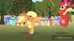 Size: 1192x670 | Tagged: safe, artist:battybovine, imported from derpibooru, amethyst star, apple bloom, apple stars, applejack, berry punch, berryshine, bon bon, carrot top, cloud kicker, daisy, flower wishes, golden harvest, green jewel, junebug, lily, lily valley, linky, lyra heartstrings, parasol, roseluck, sassaflash, shoeshine, sparkler, spring melody, sprinkle medley, sweetie drops, earth pony, pegasus, pony, unicorn, rhythm is magic, apple, applejack's hat, bow, cowboy hat, faithful farmer, female, filly, foal, food, hair bow, hat, mare, powerdirector, punching bag, rhythm heaven, rope, smiling, sweet apple acres, tree