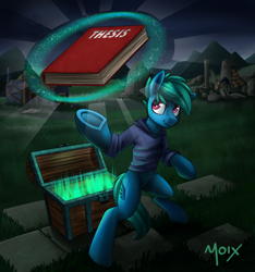 Size: 2250x2399 | Tagged: safe, artist:supermoix, imported from derpibooru, oc, oc:supermoix, pegasus, pony, aura, bipedal, book, chest, clothes, cute, glow in the dark, grass, hoodie, house, looking up, magic, male, mountain, night, ruins, solo, stallion, the legend of zelda, thesis