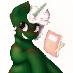 Size: 406x406 | Tagged: safe, anonymous artist, imported from derpibooru, oc, oc:comic field, pony, unicorn, magic, notebook, smiling, smirk, solo