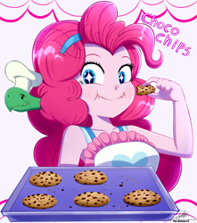 Size: 2408x2720 | Tagged: safe, artist:the-butch-x, imported from derpibooru, pinkie pie, tank, human, tortoise, equestria girls, equestria girls series, the craft of cookies, spoiler:eqg series (season 2), chef's hat, chocolate, cookie, cute, diapinkes, eating, female, food, hat, male, smiling