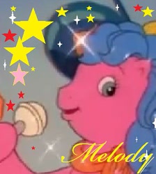 Size: 335x374 | Tagged: safe, edit, edited screencap, imported from derpibooru, screencap, melody, my little pony tales, battle of the bands (episode), bipedal, bow, clothes, g1, hair bow, microphone, music notes, scarf, smiling, sparkles, stars, text