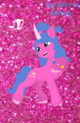 Size: 735x1129 | Tagged: artist needed, source needed, safe, imported from derpibooru, melody, pony, unicorn, my little pony tales, female, g1, g1 to g5, g5, generation leap, glitter, horn, mare, music notes, my little pony: a new generation, ponytail, race swap, smiling, text