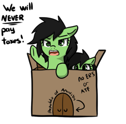 Size: 639x631 | Tagged: safe, artist:neuro, imported from derpibooru, oc, oc only, oc:filly anon, earth pony, pony, box, cardboard, cardboard box, dialogue, duo, female, filly, foal, open mouth, simple background, tax evasion, white background
