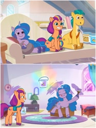 Size: 1500x1999 | Tagged: safe, edit, edited screencap, imported from derpibooru, screencap, hitch trailblazer, izzy moonbow, sunny starscout, earth pony, pony, unicorn, spoiler:g5, spoiler:my little pony: tell your tale, spoiler:tyts01e01, spoiler:tyts01e03, a home to share, female, g5, male, mare, my little pony: tell your tale, sisters take flight, stallion