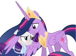 Size: 3692x2704 | Tagged: safe, artist:tsetsera, imported from derpibooru, rarity, twilight sparkle, alicorn, the last problem, blushing, chromatic aberration, crown, duo, female, hug, jewelry, lesbian, lidded eyes, looking at each other, looking at someone, older, older rarity, older twilight, peytral, princess twilight 2.0, rarilight, regalia, shipping, simple background, smiling, transparent background, twilight sparkle (alicorn), winghug, wings