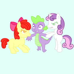 Size: 720x720 | Tagged: safe, artist:fluttergore, edit, imported from derpibooru, apple bloom, spike, sweetie belle, dragon, earth pony, pony, unicorn, angry, argument, bipedal, bow, colored pupils, female, fighting over boy, filly, foal, frown, hair bow, heart, horn, love triangle, male, mare, shipping, shocked, spike gets all the mares, spikebelle, spikebloom, straight, tug of war