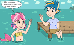 Size: 1473x904 | Tagged: safe, artist:ocean lover, imported from derpibooru, kettle corn, skeedaddle, human, mermaid, bandeau, bare shoulders, belly button, child, clothes, cloud, cute, dialogue, duo, female, fins, fish tail, haiku, hello, human coloration, humanized, kedaddle, kettlebetes, kids, looking at each other, looking at someone, male, male and female, mermaid tail, mermaidized, mermay, midriff, ocean, open mouth, outdoors, pier, shipping, shipping fuel, shirt, shore, shorts, sky, smiling, smiling at each other, species swap, straight, t-shirt, tail, tail fin, text, water, waving, wooden floor