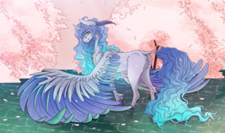 Size: 2048x1213 | Tagged: safe, artist:tri-edge, imported from derpibooru, oc, oc:prince plushy soft, alicorn, pony, butt, cherry blossoms, flower, flower blossom, plot, prince, soft, water, wings