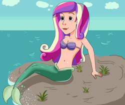 Size: 1654x1388 | Tagged: safe, artist:ocean lover, imported from derpibooru, princess cadance, human, mermaid, ariel, bare shoulders, beautiful, beautiful hair, belly button, bra, breasts, clothes, cloud, disney, disney princess, disney style, female, fins, fish tail, grass, human coloration, humanized, lips, long hair, looking up, mermaid princess, mermaid tail, mermaidized, mermay, midriff, multicolored hair, nudity, ocean, outdoors, partial nudity, pretty, purple eyes, rock, seashell bra, shiny skin, sitting, sky, smiling, solo, species swap, splash, splashing, tail, tail fin, the little mermaid, underwear, water, wave
