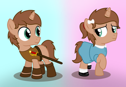 Size: 4320x2973 | Tagged: safe, artist:peternators, imported from derpibooru, oc, oc only, oc:heroic armour, pony, unicorn, boots, bow, bracer, clothes, colt, crossdressing, dress, fake eyelashes, femboy, foal, hair ribbon, looking at each other, looking at someone, male, mary janes, ponytail, ribbon, self paradox, self ponidox, shoes, smiling, socks, sword, transgender, two sides, weapon