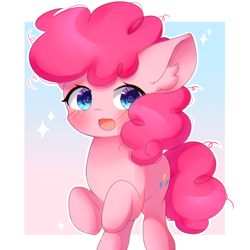 Size: 1500x1500 | Tagged: safe, artist:dddreamdraw, imported from derpibooru, pinkie pie, earth pony, pony, bipedal, bipedal leaning, cute, diapinkes, ear fluff, female, filly, filly pinkie pie, leaning, open mouth, open smile, outline, smiling, solo, white outline, younger