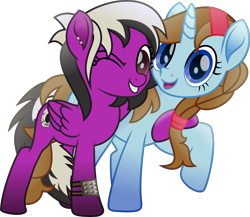 Size: 5519x4795 | Tagged: safe, artist:lincolnbrewsterfan, derpibooru exclusive, imported from derpibooru, oc, oc only, oc:midday shine, oc:sassy lost, pegasus, unicorn, fallout equestria, rainbow roadtrip, .svg available, :d, alternate universe, best friends, blue, blue eyes, book, bracelet, braid, brown mane, brown tail, choker, cute, duo, duo female, ear piercing, earring, fallout equestria oc, female, folded wings, gift art, grin, hair over one eye, hair tie, hairband, happy, hoof around neck, horn, hug, jewelry, looking at you, loose hair, mare, movie accurate, ocbetes, one eye closed, open mouth, open smile, pegasus oc, piercing, purple, raised hoof, red eye, side hug, simple background, skull, smiling, smiling at you, standing, sun, svg, tail, tail wrap, transparent background, two toned mane, two toned tail, unicorn oc, vector, wings, wink, winking at you, wrist cuffs