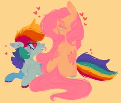 Size: 1109x943 | Tagged: safe, artist:ponysforyou, imported from derpibooru, fluttershy, rainbow dash, pegasus, pony, colored wings, colored wingtips, female, flutterdash, heart, heart eyes, lesbian, looking at each other, looking at someone, lying down, prone, shipping, simple background, sitting, wingding eyes, wings