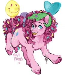 Size: 1156x1329 | Tagged: safe, artist:moshpaws, imported from derpibooru, gummy, pinkie pie, alligator, earth pony, pony, balloon, cloven hooves, confetti, female, happy, male, mare, simple background, smiley face, smiling, tongue out, unshorn fetlocks, white background