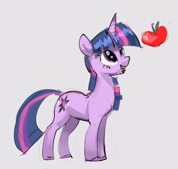 Size: 3543x3365 | Tagged: safe, artist:alumx, imported from derpibooru, twilight sparkle, pony, unicorn, apple, female, food, gray background, looking at something, looking up, mare, open mouth, open smile, simple background, smiling, solo, unicorn twilight