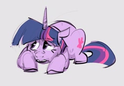 Size: 2942x2043 | Tagged: safe, artist:alumx, imported from derpibooru, twilight sparkle, pony, unicorn, female, frown, gray background, looking up, lying down, mare, prone, simple background, solo, unicorn twilight