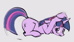 Size: 3367x1902 | Tagged: safe, artist:alumx, imported from derpibooru, twilight sparkle, pony, unicorn, covering head, female, floppy ears, frown, gray background, hoof on head, lying down, mare, prone, simple background, solo, unicorn twilight