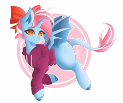 Size: 3655x3068 | Tagged: safe, artist:bizarre_pony, imported from derpibooru, oc, oc only, oc:sora kite, dracony, dragon, hybrid, pony, unicorn, bow, clothes, dragoness, female, simple background, solo, white background