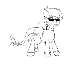 Size: 888x744 | Tagged: safe, artist:fruityhorssse, imported from derpibooru, oc, oc only, oc:compius, original species, shark, shark pony, clothes, monochrome, simple background, sketch, solo, sunglasses, white background