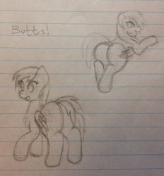 Size: 604x652 | Tagged: safe, artist:fruityhorssse, imported from derpibooru, derpy hooves, bat pony, pegasus, bubble butt, butt, butts, lined paper, monochrome, plot, sketch, solo, traditional art