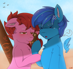 Size: 1585x1509 | Tagged: safe, artist:nanazdina, imported from derpibooru, oc, oc only, oc:darie, oc:lunatia elsa, earth pony, pegasus, pony, banana, beach, couple, duo, food, ibispaint x, licking, oc x oc, shipping, tongue out