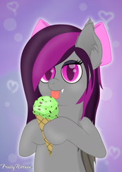 Size: 985x1393 | Tagged: safe, artist:fruityhorssse, imported from derpibooru, oc, oc:obsidia, bat, bat pony, commission, eating, food, ice cream, ice cream cone, licking, mint chocolate ice cream, mint ice cream, solo, tongue out