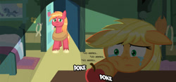 Size: 706x329 | Tagged: safe, artist:taco-bandit, imported from derpibooru, applejack, big macintosh, apple, applejack's hat, bed, bedroom, big macintosh's yoke, colt, cowboy hat, crying, dialogue, door, female, floppy ears, food, frown, hat, horse collar, male, mare, pillow, poking, rope, sad, speech bubble, stallion, text, yoke