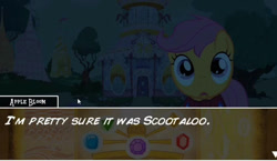 Size: 1174x681 | Tagged: safe, imported from derpibooru, scootaloo, pegasus, pony, 2010, cape, carousel boutique, clothes, cmc cape, dialogue, female, filly, foal, implied apple bloom, mare, my little investigations, night, shocked, text, tree, youtube link