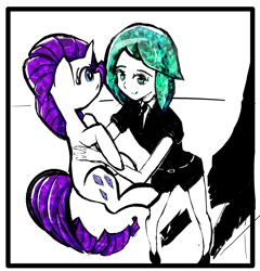 Size: 2277x2372 | Tagged: safe, artist:solid shrimp, imported from derpibooru, rarity, crystal pony, human, pony, unicorn, anime, crossover, female, gem, gemstones, holding a pony, land of the lustrous, phos