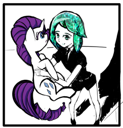 Size: 2277x2372 | Tagged: safe, alternate version, artist:solid shrimp, imported from derpibooru, rarity, human, pony, unicorn, crossover, gem, high angle, holding a pony, land of the lustrous, phos