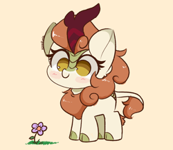 Size: 4488x3880 | Tagged: safe, artist:kittyrosie, imported from derpibooru, autumn blaze, kirin, awwtumn blaze, blushing, chibi, cute, daaaaaaaaaaaw, female, flower, kittyrosie is trying to murder us, no pupils, simple background, smiling, solo, yellow background