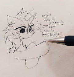 Size: 3000x3102 | Tagged: safe, artist:mirtash, imported from derpibooru, lyra heartstrings, pony, unicorn, cheek fluff, chest fluff, dialogue, disappointed, drawing, ear fluff, floppy ears, fluffy, hand, irl, leg fluff, onomatopoeia, paper, pencil, pencil drawing, photo, shoulder fluff, sigh, solo, that pony sure does love hands, traditional art