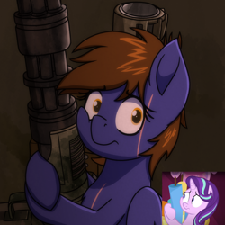 Size: 2000x2000 | Tagged: safe, artist:memeancholy, edit, imported from derpibooru, screencap, starlight glimmer, oc, oc:dauntless, pegasus, pony, fallout equestria, cheek squish, gun, holding, missile launcher, pegasus oc, scar, short hair, shoulder-mounted machine gun, squishy cheeks, weapon