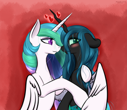 Size: 2225x1925 | Tagged: safe, artist:renarde-louve, imported from derpibooru, princess celestia, queen chrysalis, alicorn, changeling, changeling queen, pony, blushing, chryslestia, duo, duo female, eye clipping through hair, eyebrows, eyebrows visible through hair, female, heart, high res, hug, lesbian, mare, shipping, smiling, winghug, wings