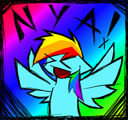 Size: 532x500 | Tagged: safe, artist:xxv4mp_g4z3rxx, imported from derpibooru, rainbow dash, pegasus, pony, ><, behaving like a cat, chibi, eyes closed, female, nya, solo, text, xd