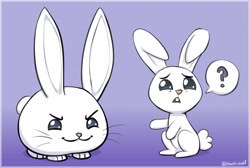 Size: 2349x1578 | Tagged: safe, artist:heretichesh, imported from derpibooru, angel bunny, rabbit, animal, confused, duo, g4, g5, gradient background, male, pointing, question mark, speech bubble