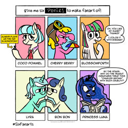 Size: 2048x2048 | Tagged: safe, artist:horsewizardart, imported from derpibooru, blossomforth, bon bon, cherry berry, coco pommel, lyra heartstrings, princess luna, sweetie drops, alicorn, earth pony, pegasus, pony, unicorn, six fanarts, aviator hat, dialogue, female, freckles, goggles, hat, hoof hold, hooves together, lesbian, lyrabon, mare, peanuts (comic), propeller hat, shipping, smiling, speech bubble, text box, top hat