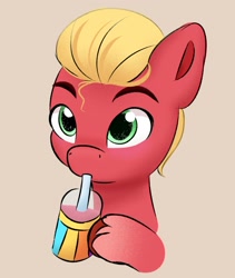 Size: 1536x1823 | Tagged: safe, artist:pipp_petal, imported from derpibooru, sprout cloverleaf, earth pony, pony, blushing, brown background, cute, drink, drinking, drinking straw, g5, male, simple background, smoothie, solo, sproutbetes, stallion, unshorn fetlocks