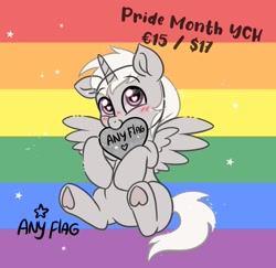 Size: 905x880 | Tagged: safe, artist:avui, imported from derpibooru, alicorn, earth pony, pegasus, pony, unicorn, commission, pride, pride flag, pride month, pride ponies, ych example, your character here