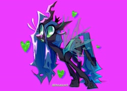 Size: 3453x2468 | Tagged: safe, artist:nekosnicker, imported from derpibooru, queen chrysalis, changeling, changeling queen, colored sketch, cute, cutealis, error, fangs, female, flapping, flapping wings, glitch, heart, leaning forward, long eyelashes, magenta background, simple background, tongue out, wings