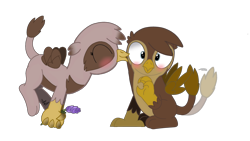 Size: 2046x1151 | Tagged: safe, artist:beesmeliss, imported from derpibooru, oc, oc only, oc:garveren, oc:gianna, griffon, chickub, flower, kissing, simple background, transparent background