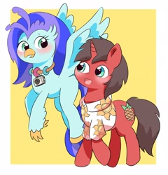 Size: 1964x2048 | Tagged: safe, artist:leo19969525, imported from derpibooru, oc, oc only, oc:ironyoshi, oc:sea lilly, classical hippogriff, hippogriff, unicorn, blushing, camera, clothes, commission, cute, flying, jewelry, looking at each other, looking at someone, necklace, ocbetes, shirt, simple background
